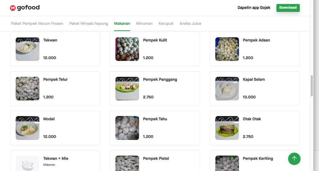 Harga Pempek Lala melalui aplikasi GoFood